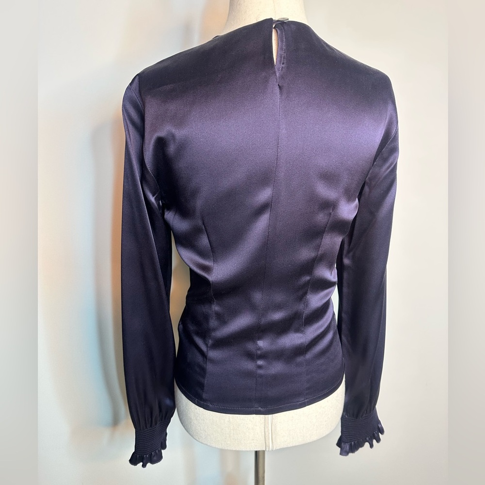 Sz 4 Worth navy blue long sleeve silk blouse high neck ruched wrists - Picture 4 of 7